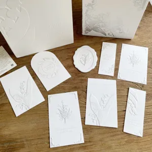 Lily of the valley embossed decorative greeting cards stationery and packaging set details.