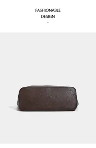 Retro minimalist large capacity brown tote bag bottom detail view, fashionable design commuter bag.