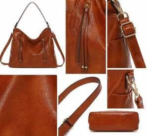Brown leather hobo shoulder bag for women, large capacity crossbody tote with multi-angle details.