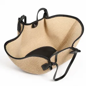 Gewebte Stroh-Shopper-Tasche mit schwarzem Lederbesatz, große Sommer-Strandtasche.