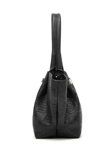Borsa tote in pelle nera con stampa di rose in rilievo, vista laterale, borsa a mano classica.