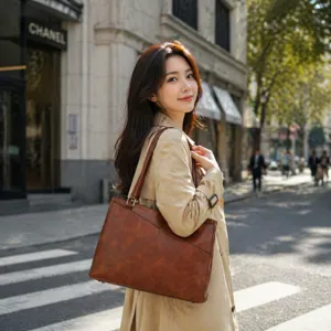 Detailansicht einer großen braunen Shopper-Tasche mit mehreren Fächern, ideal für Arbeit und Alltag.
