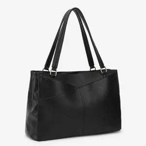 Nahaufnahme der schwarzen Tote-Bag, strukturiertes Design mit Fächern, Büro-Accessoire.