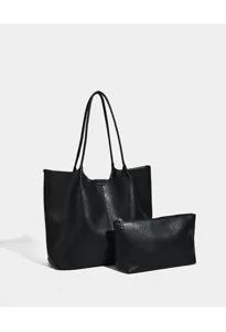 Classic black tote bag with matching pouch, large capacity daily shoulder bag for women.