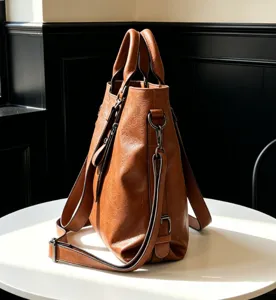 Close-up view of the soft brown leather tote bag showcasing detailed texture, handles, and hardware.