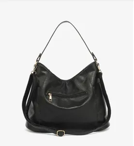 Classic black large capacity shoulder bag for women, casual stylish crossbody tote purse design.