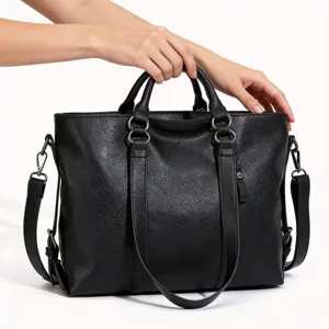 Black soft leather tote bag for women, large capacity shoulder bag with handles and straps.