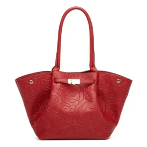 Borsa tote rossa con stampa di rose grande capacità elegante borsa a spalla da donna