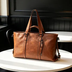 Brown soft leather tote bag for women, large capacity shoulder handbag with dual handles.