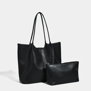 Women large capacity black tote bag PU leather shoulder bag with matching pouch commute
