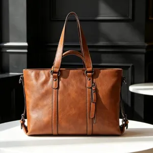 Brown soft leather tote bag detail view, large capacity shoulder handbag for women.