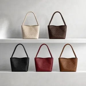 Woven leather women handbag in multi colors, stylish bucket bag with premium texture.