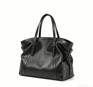 Clásico bolso tote suave de cuero PU negro, bolso de hombro de gran capacidad para mujeres.