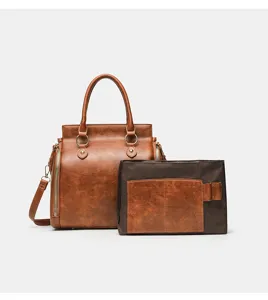Sac à main vintage en cuir PU marron et fourre-tout avec bandoulière et petite pochette