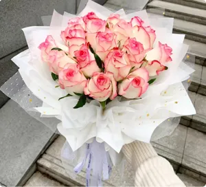 Superbe bouquet de roses rose et blanc emballé dans du papier filet étoilé avec un beau ruban.