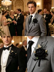 Detailansicht schwarze goldene Rose Boutonniere fuer Anzug Hochzeit Party kuenstliche Bluete pin.