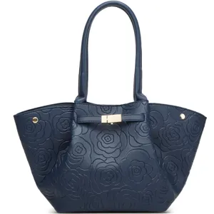 Borsa tote blu scuro con stampa floreale in rilievo, grande capacità per uso quotidiano.
