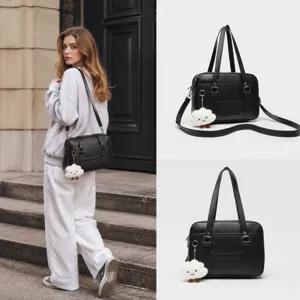 Details of Japanese JK uniform tote bag with cute cloud pendant, black PU leather shoulder bag.
