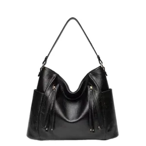 Stylish large capacity women shoulder bag, classic black faux leather hobo tote purse.