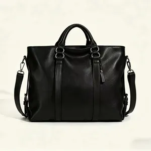 Black soft leather tote bag for women, large capacity shoulder handbag and stylish purse.