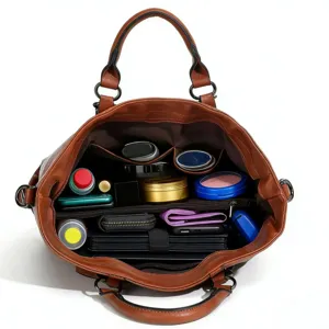 Large capacity brown leather tote bag women fashion shoulder handbag with multi compartment design.