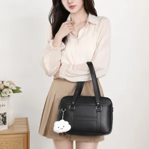 Japanese style JK uniform bag black leather tote commuter handbag with cute cloud pendant for daily use