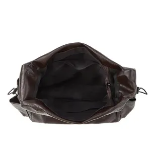 Detailed top view of a dark brown faux leather hobo tote bag, showing roomy interior space.