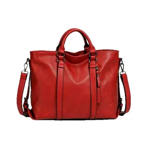 Red soft leather tote bag large capacity shoulder handbag for daily commuting travel.