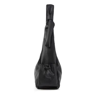 Black PU leather shoulder bag detail, stylish knotted strap design with a small front pocket.