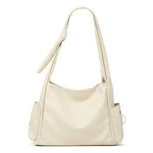 White leather shoulder bag, casual hobo tote bag with stylish side pockets and strap knot.
