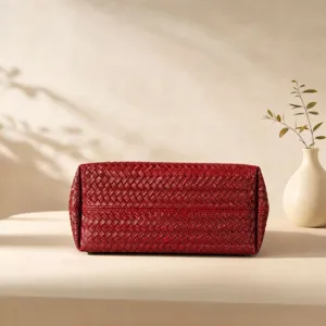 Red woven leather handbag, stylish shoulder tote bag for women, elegant design daily use.