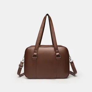 Brown PU leather JK uniform bag detail, classic student tote shoulder crossbody handbag.