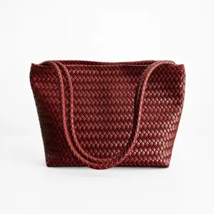 Dark red woven leather tote bag, retro casual shoulder underarm bag for women daily use.