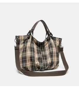 Retro plaid canvas tote bag with brown shoulder strap, spacious casual handbag for women.