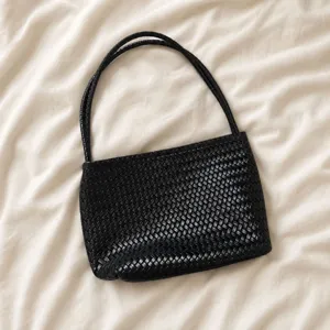 Black woven leather shoulder bag chic retro underarm handbag for women daily casual style