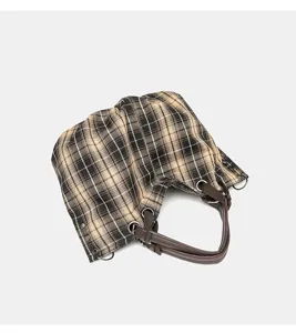 Retro plaid canvas tote shoulder bag for women, large capacity daily casual handbag style.