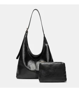 Bolso de hombro tote vintage negro de gran capacidad con monedero a juego para mujeres.