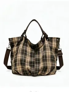 Retro Plaid Canvas Tote Bag For Women Large Capacity Shoulder Crossbody Bag Casual Daily Satchel Handbag
