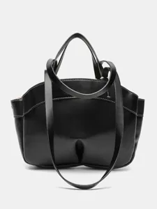 Elegante schwarze Damentasche aus Leder mit doppelten Griffen und weissen Nahtdetails.