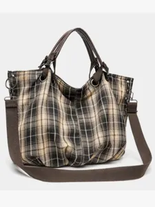 Retro plaid canvas shoulder bag for women, large capacity casual crossbody tote bag versatile.