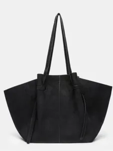 Borsa shopper nera in camoscio con ali, grande borsa a spalla da donna per lavoro