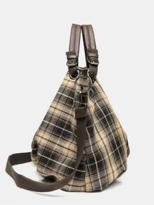 Vintage plaid canvas shoulder bag for women, large capacity tote and crossbody bag style.