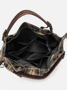 Retro plaid canvas shoulder bag for women, large capacity tote bag with multi-compartments.