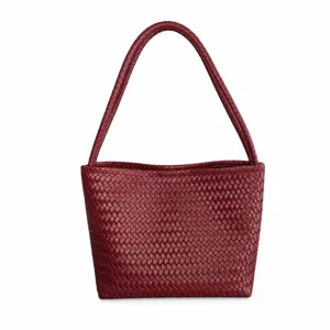 Woven PU Leather Shoulder Bag For Women Vintage Underarm Bucket Bag Casual Tote Handbag Top Handle Purse