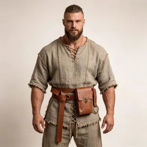Medieval Viking costume set with linen tunic, trousers and leather belt for renaissance cosplay.