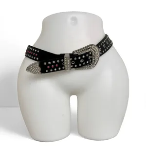 Unisex black leather rhinestone belt with western metal buckle and sparkling crystals for jeans.