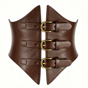 Brown wide corset belt detail showing three brass buckles and premium leather texture.