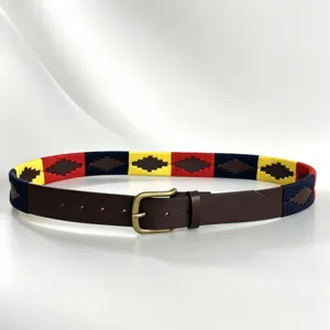 Men's casual genuine leather equestrian polo belt featuring colorful embroidered geometric pattern.