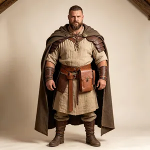 Detailed view of the medieval Viking leather shoulder armor and accessories, vintage cosplay style.