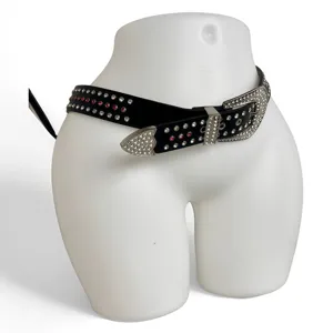Unisex black rhinestone studded leather belt featuring a western buckle and sparkling crystals.